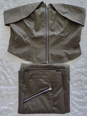 Strapless Olive Green Crop Top & Pants Set